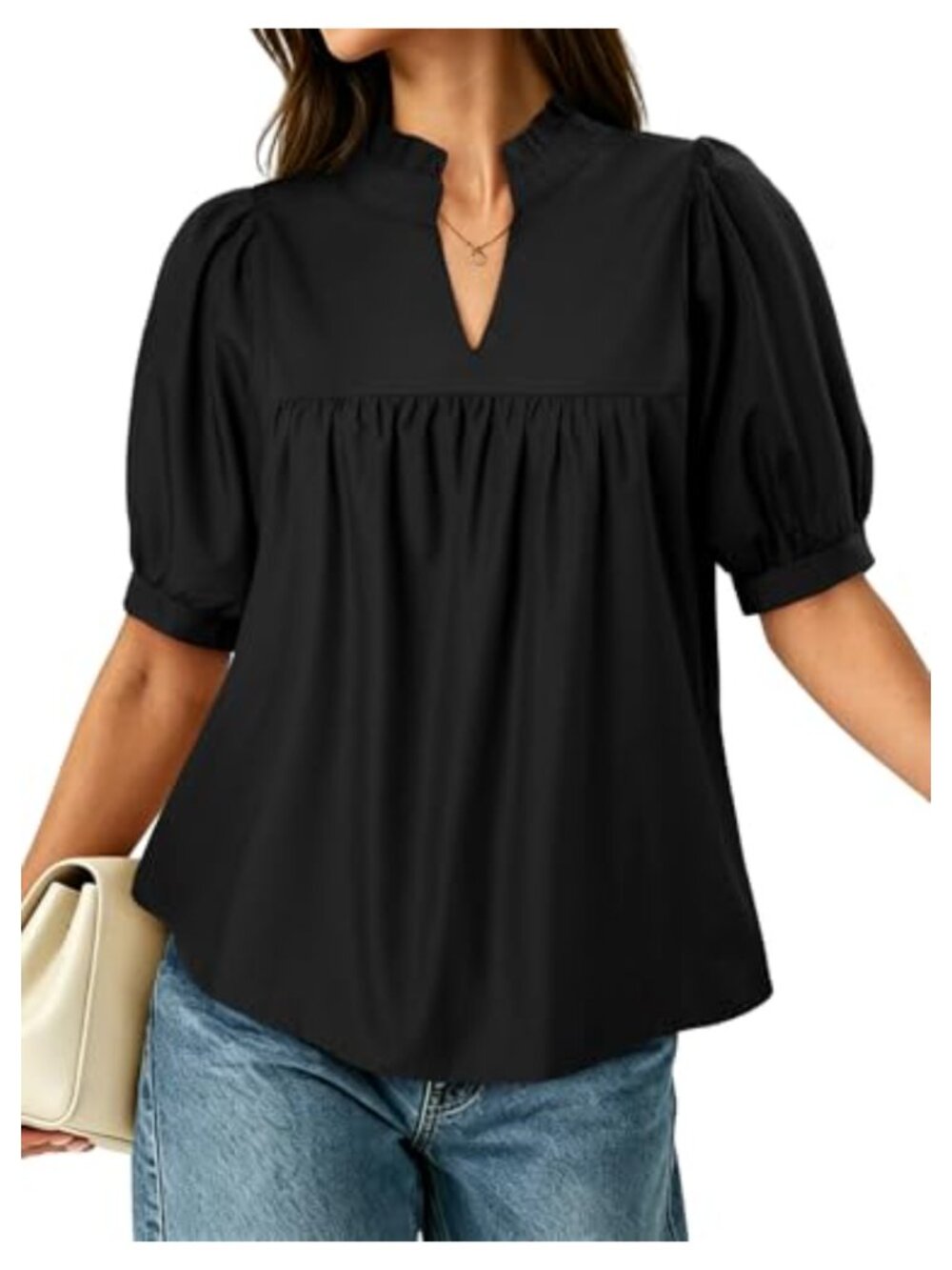 Puff Sleeve V Neck Peplum Blouse Pleated Loose Fit Dressy Casual Top